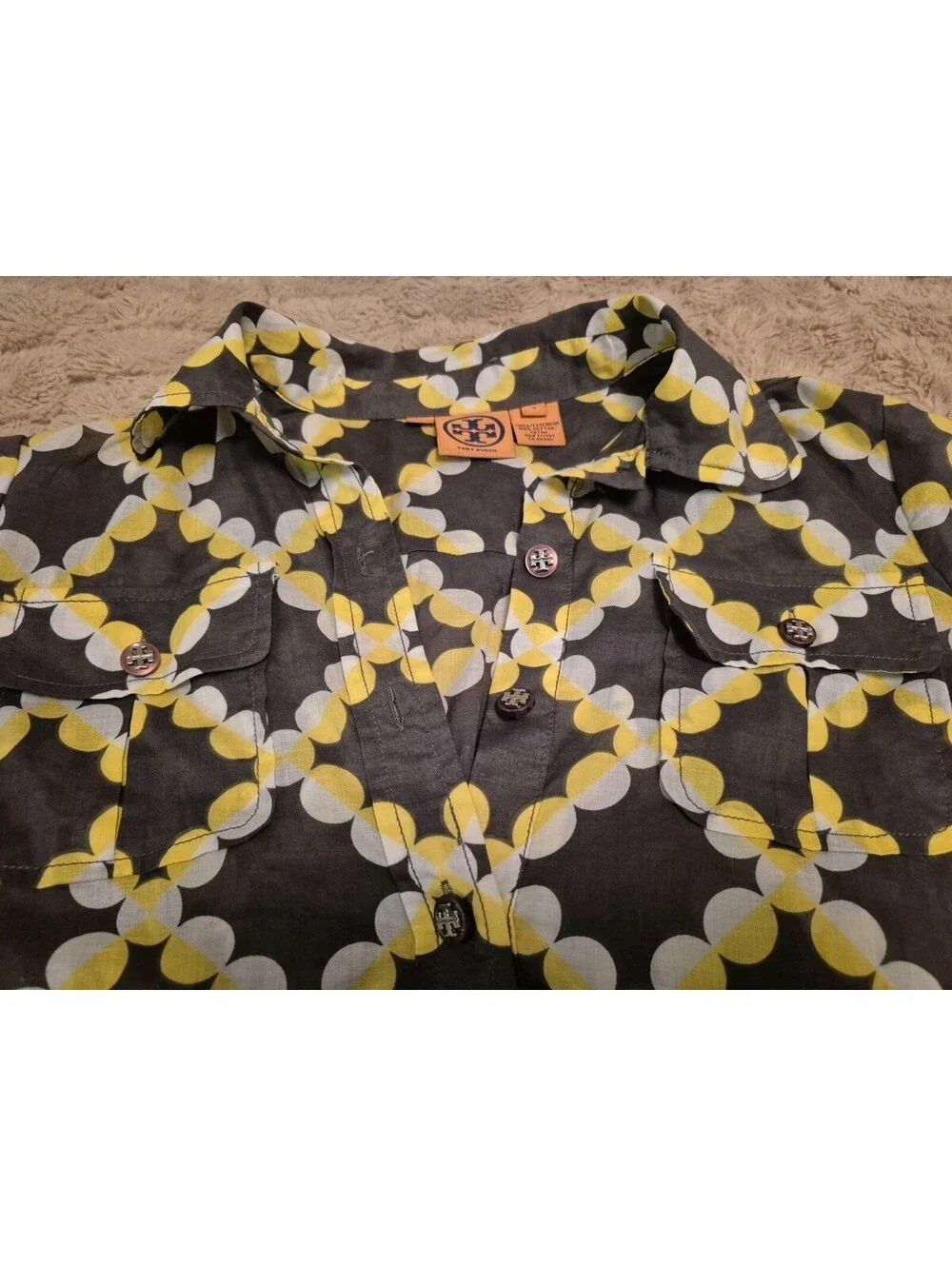 Tory Burch Gray Yellow Circular Buttoned Stephanie Tunic Blouse Shirt Size 4